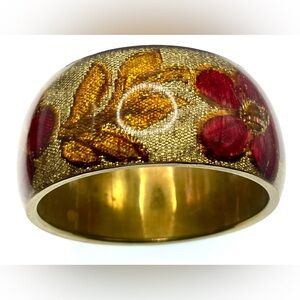 Retro Brass Wide Bangle Bracelet Gold Red Floral Design Covered with Enamel